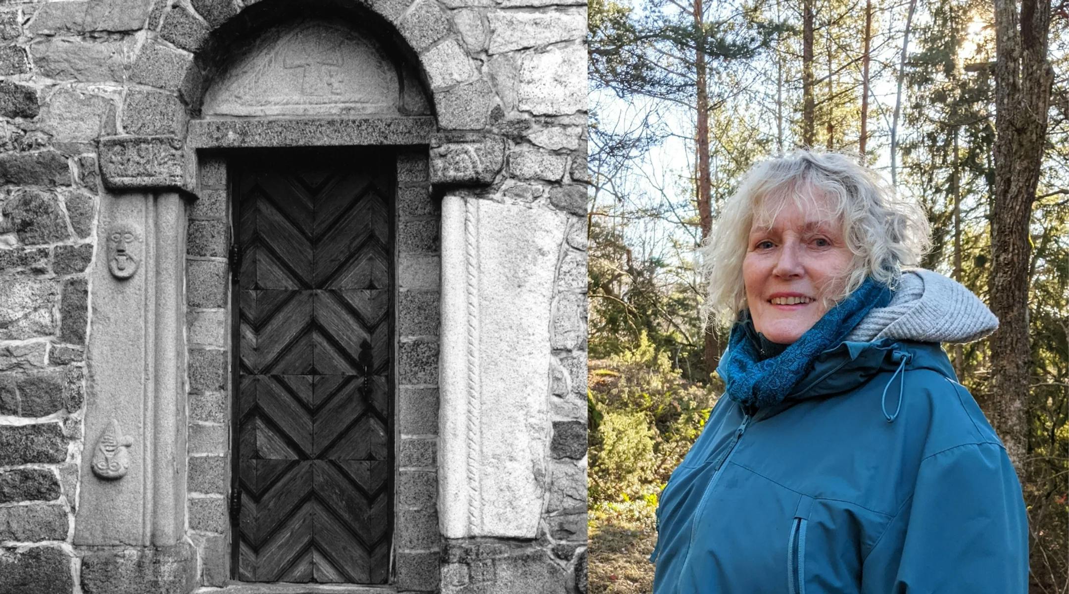 Et svart hvitt bilde av inngangen til et gammelt steinbygg. Ansikter i stein pryder døra. Et bilde av Freberg i skogen.