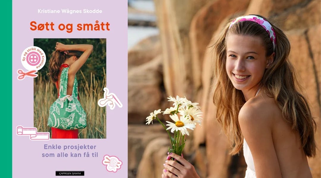 Bokforside (jente med veske) ved siden av bilde av forfatteren (jente med blomsterbukett). Fotoill.