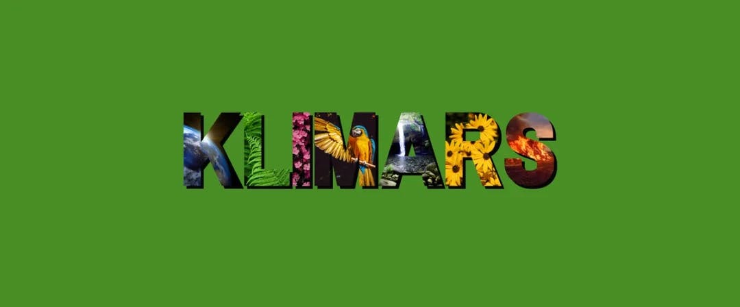 Ordet "KLIMARS" med ulike naturbilder i bokstavene. Grønn bakgrunn.Grafikk.