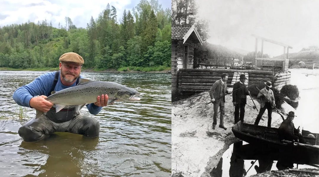 En mann til venstre i bildet som holder en fisk. På høyre side et gammelt bilde av fire laksefiskere i en elv.