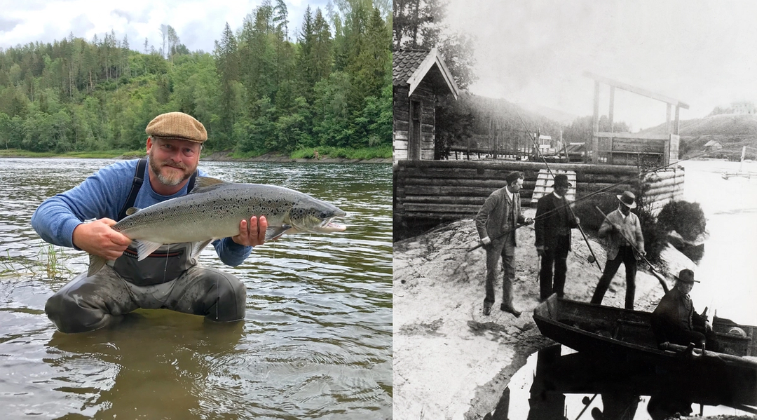 Foto 1: forfatteren med en laks stående i en elv. Foto 2: historisk bilde av engelske menn som fisker laks