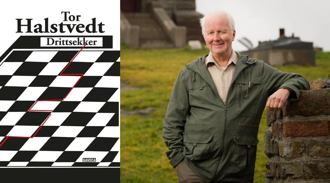 Tor Halstvedts bok "Drittsekker" til venstre og Tor Halstvedt (forfatteren) til høyre i en grønn jakke