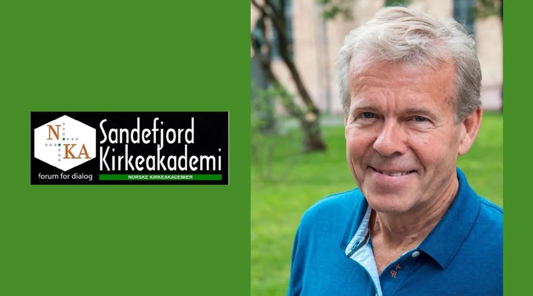 Foto av foredragsholderen og logo til Sandefjord kirkeakademi